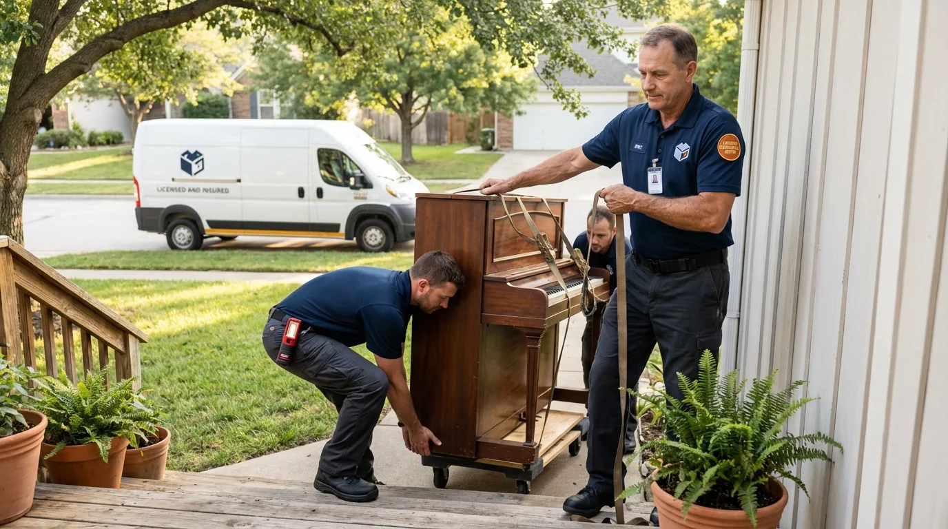 Licensed piano movers securing grand piano in Danville, NH