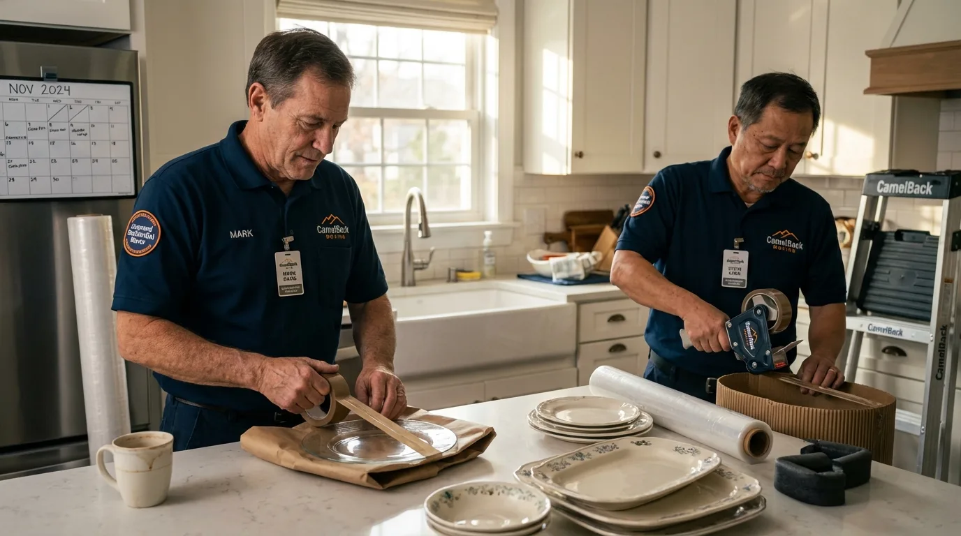 Professional crew packing kitchen dishware in Danville, NH